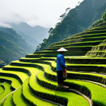 A professional wide-angle shot capturing the majestic Banaue Rice Terraces, sculpted into lush green steps across towering mountains. An Ifugao farmer, fully clothed in traditional and modest attire, is seen tending to a section of the rice paddies, a symbol of ancient wisdom. The scene is enveloped in soft morning mist, with clear, reflecting water in the terraces. Perfect anatomy, correct proportions, natural pose, well-formed hands, proper finger count, natural body proportions, professional photography, cinematic lighting, high detail, ultra realistic, safe for work, appropriate content, fully clothed, modest, family-friendly.