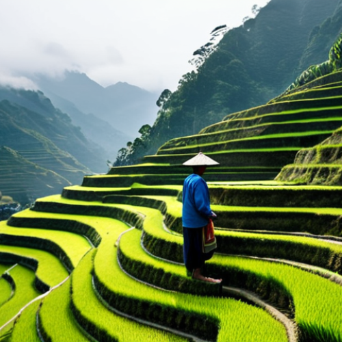 A professional wide-angle shot capturing the majestic Banaue Rice Terraces, sculpted into lush green steps across towering mountains. An Ifugao farmer, fully clothed in traditional and modest attire, is seen tending to a section of the rice paddies, a symbol of ancient wisdom. The scene is enveloped in soft morning mist, with clear, reflecting water in the terraces. Perfect anatomy, correct proportions, natural pose, well-formed hands, proper finger count, natural body proportions, professional photography, cinematic lighting, high detail, ultra realistic, safe for work, appropriate content, fully clothed, modest, family-friendly.