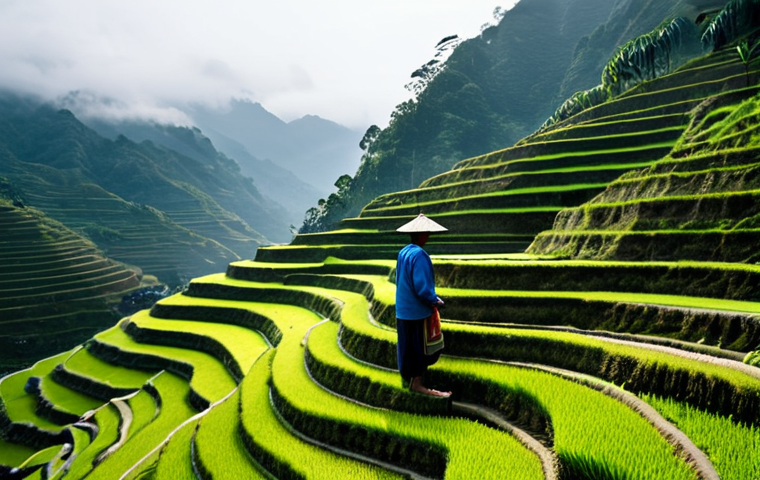 A professional wide-angle shot capturing the majestic Banaue Rice Terraces, sculpted into lush green steps across towering mountains. An Ifugao farmer, fully clothed in traditional and modest attire, is seen tending to a section of the rice paddies, a symbol of ancient wisdom. The scene is enveloped in soft morning mist, with clear, reflecting water in the terraces. Perfect anatomy, correct proportions, natural pose, well-formed hands, proper finger count, natural body proportions, professional photography, cinematic lighting, high detail, ultra realistic, safe for work, appropriate content, fully clothed, modest, family-friendly.