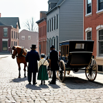 A group of diverse parents and their children, fully clothed in modest, historically accurate 1870s attire, gather thoughtfully on a quiet cobblestone street in a quaint American town. Brick buildings line the background, with a horse-drawn carriage visible in the distance. The scene captures a sense of emerging community awareness and vigilance regarding child safety. This image is safe for work, appropriate content, perfect anatomy, correct proportions, natural pose, well-formed hands, proper finger count, natural body proportions, family-friendly, professional photography, high quality.