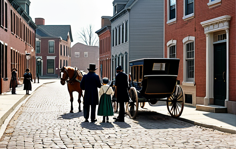 A group of diverse parents and their children, fully clothed in modest, historically accurate 1870s attire, gather thoughtfully on a quiet cobblestone street in a quaint American town. Brick buildings line the background, with a horse-drawn carriage visible in the distance. The scene captures a sense of emerging community awareness and vigilance regarding child safety. This image is safe for work, appropriate content, perfect anatomy, correct proportions, natural pose, well-formed hands, proper finger count, natural body proportions, family-friendly, professional photography, high quality.