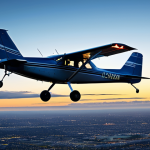 **

"A vintage Cessna 182L aircraft flying at dusk, partly cloudy sky, Melbourne, Australia in the background, air traffic control tower visible in the distance, safe for work, appropriate content, fully clothed, professional aviation photography, perfect anatomy of the airplane, correct proportions, family-friendly."

**