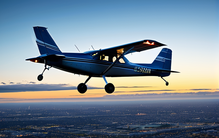 **

"A vintage Cessna 182L aircraft flying at dusk, partly cloudy sky, Melbourne, Australia in the background, air traffic control tower visible in the distance, safe for work, appropriate content, fully clothed, professional aviation photography, perfect anatomy of the airplane, correct proportions, family-friendly."

**