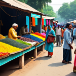 **

"A bustling marketplace in a vibrant Indian village, filled with people in traditional clothing, showcasing colorful textiles and crafts, vendors selling fresh produce, a lively atmosphere, bright daylight, safe for work, appropriate content, fully clothed, professional, family-friendly, perfect anatomy, correct proportions, natural pose, high quality."

**
