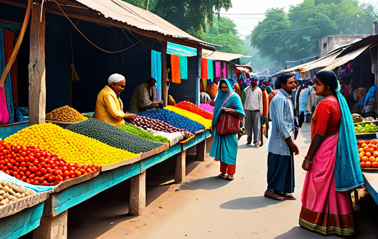 **

"A bustling marketplace in a vibrant Indian village, filled with people in traditional clothing, showcasing colorful textiles and crafts, vendors selling fresh produce, a lively atmosphere, bright daylight, safe for work, appropriate content, fully clothed, professional, family-friendly, perfect anatomy, correct proportions, natural pose, high quality."

**