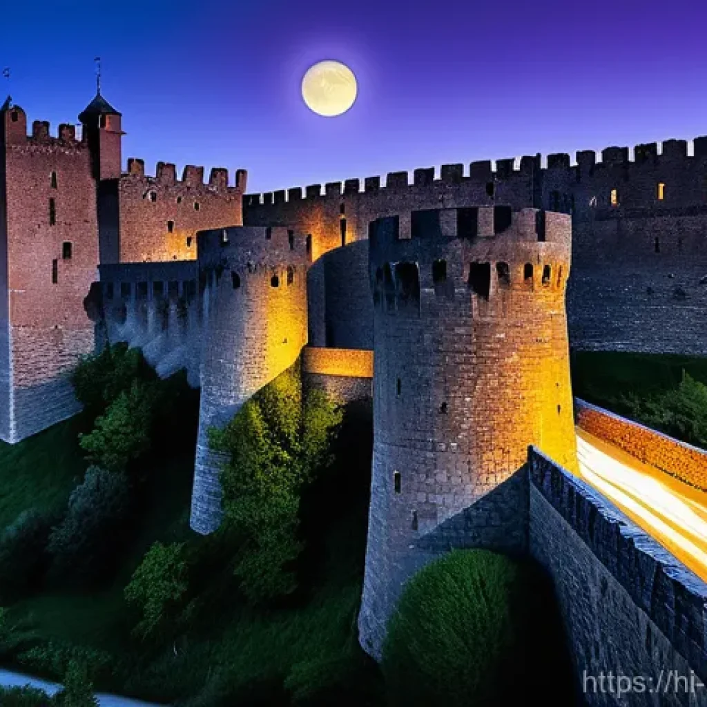 스페인 아빌라의 신비한 빛 - **Prompt:** A mesmerizing wide shot of the ancient, towering walls of &Aacute;vila at a serene night. The m...