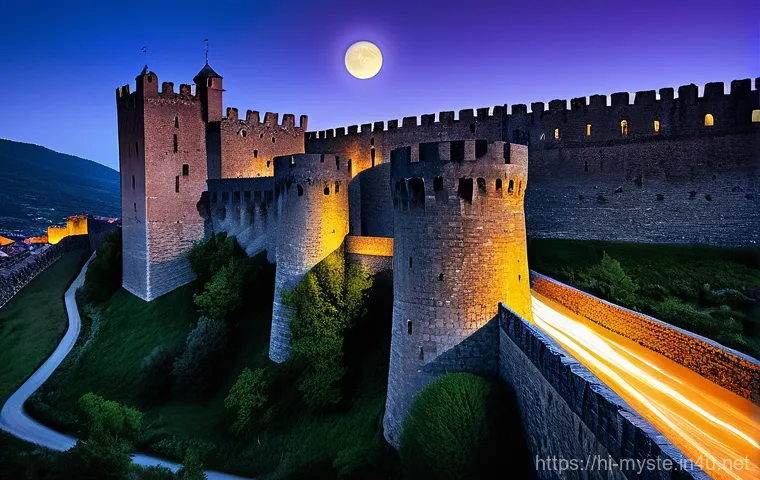 스페인 아빌라의 신비한 빛 - **Prompt:** A mesmerizing wide shot of the ancient, towering walls of Ávila at a serene night. The m...