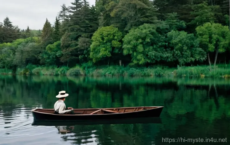 그레이스 브라운 살인 사건 - A small, wooden rowboat glides gently across the calm water. In the boat sits Grace Brown, a young w...