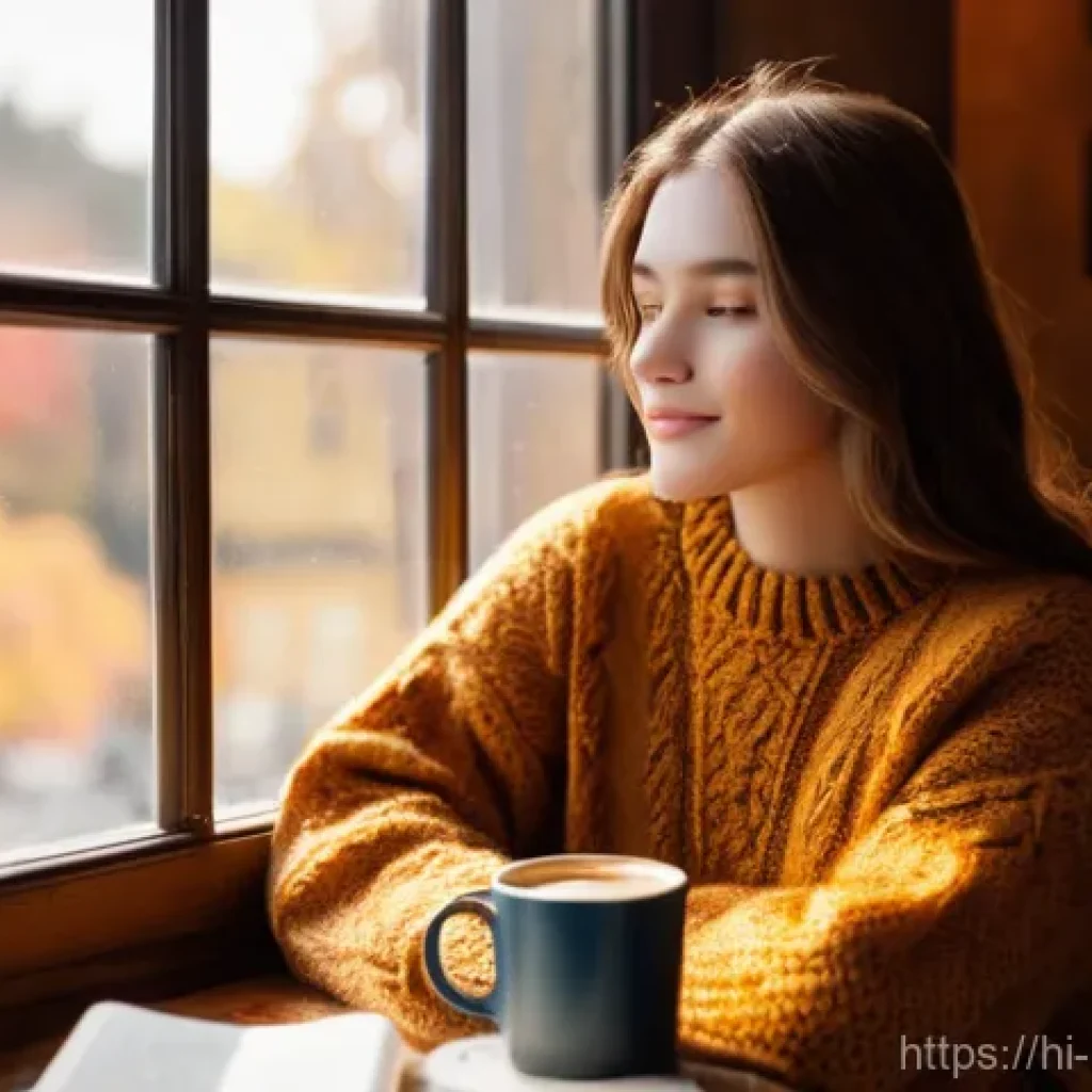 자메이카 트레저 헌터 사건 - **Prompt 1: Cozy Autumn Cafe Scene**
A young woman, approximately 20-25 years old, with warm bro...