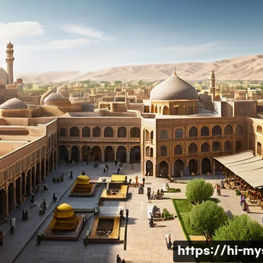 이란 페르시아 고대 도시 실종 - An ancient Persian cityscape showcasing a meticulously planned urban layout with broad stone-paved s...