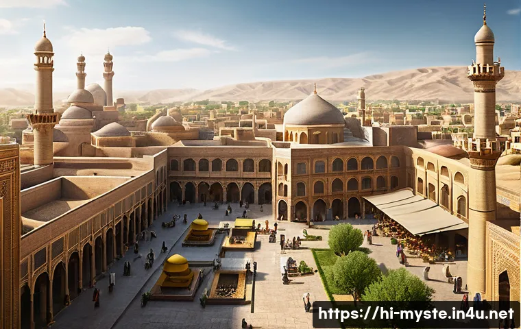 이란 페르시아 고대 도시 실종 - An ancient Persian cityscape showcasing a meticulously planned urban layout with broad stone-paved s...