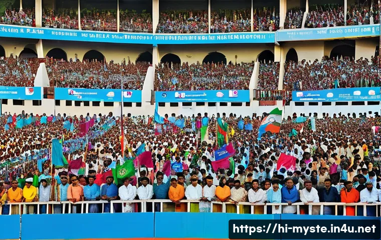힐스보로 화재 사건 - A detailed scene of a crowded football stadium entrance during a major event in India, showing a lar...