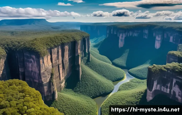 베네수엘라 로스트 월드 탐험 사건 - A breathtaking aerial view of the remote Venezuelan tepuis, towering rocky plateaus shrouded in mist...