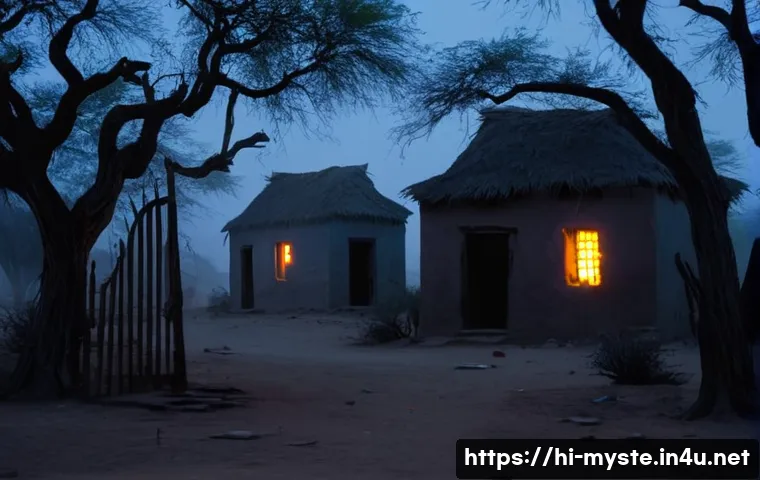 나미비아 고스트 마을 사건 - An eerie, abandoned Namibian village at dusk, featuring old, crumbling colonial-era buildings with c...