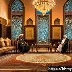 Home 22 이스라엘 데드씨 비밀문서 사건 - A detailed, dramatic scene depicting a high-level Middle Eastern political meeting inside a grand, o...
