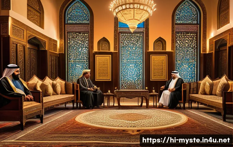 이스라엘 데드씨 비밀문서 사건 - A detailed, dramatic scene depicting a high-level Middle Eastern political meeting inside a grand, o...