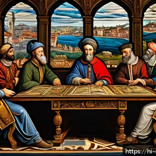 Home 33 플로렌스 산 마르코 실종 사건 - A detailed Renaissance-era political scene in Florence depicting intense discussions among rival pol...
