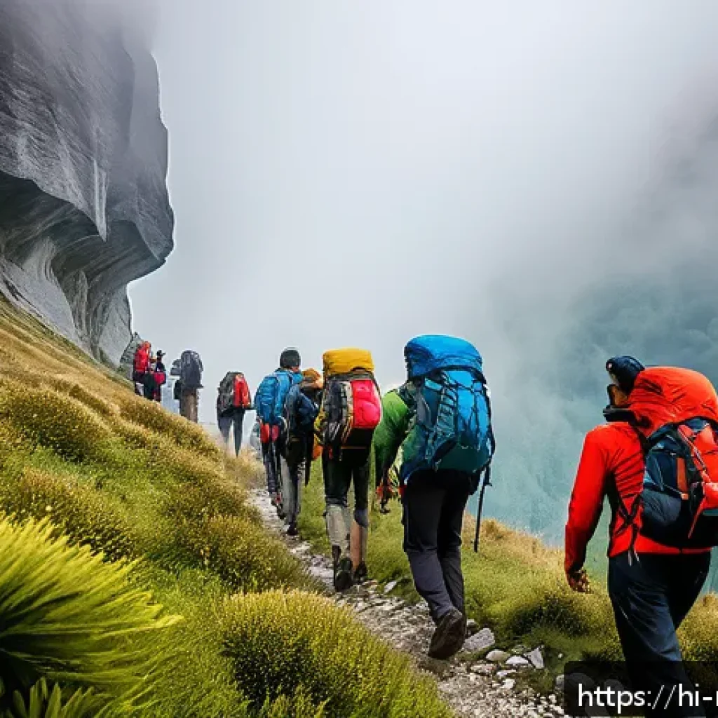 스위스 알프스 실종 사건 - A group of diverse trekkers hiking through the misty valleys of the Swiss Alps, wearing weather-appr...