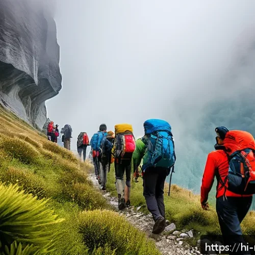Home 31 스위스 알프스 실종 사건 - A group of diverse trekkers hiking through the misty valleys of the Swiss Alps, wearing weather-appr...