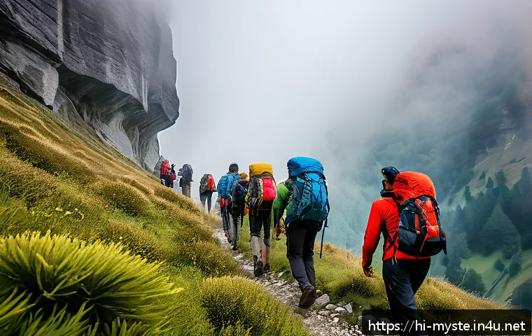 스위스 알프스 실종 사건 - A group of diverse trekkers hiking through the misty valleys of the Swiss Alps, wearing weather-appr...
