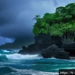 Home 23 사모아 실종 전설 - A mysterious coastal scene in Samoa at twilight, showing a dense tropical jungle merging with jagged...