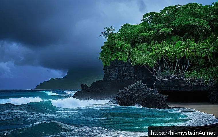 사모아 실종 전설 - A mysterious coastal scene in Samoa at twilight, showing a dense tropical jungle merging with jagged...