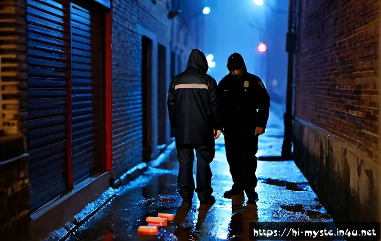 Home 17 밀워키 의문의 사체 사건 - Photorealistic nighttime urban investigation scene in Milwaukee, a quiet brick alley with wet paveme...